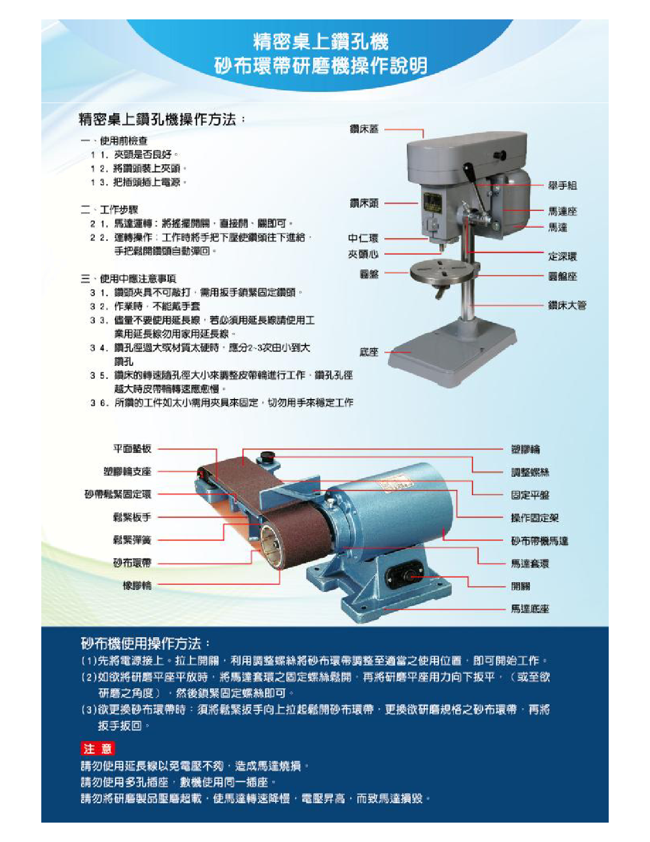 志韋鉆床和砂帶機使用說明